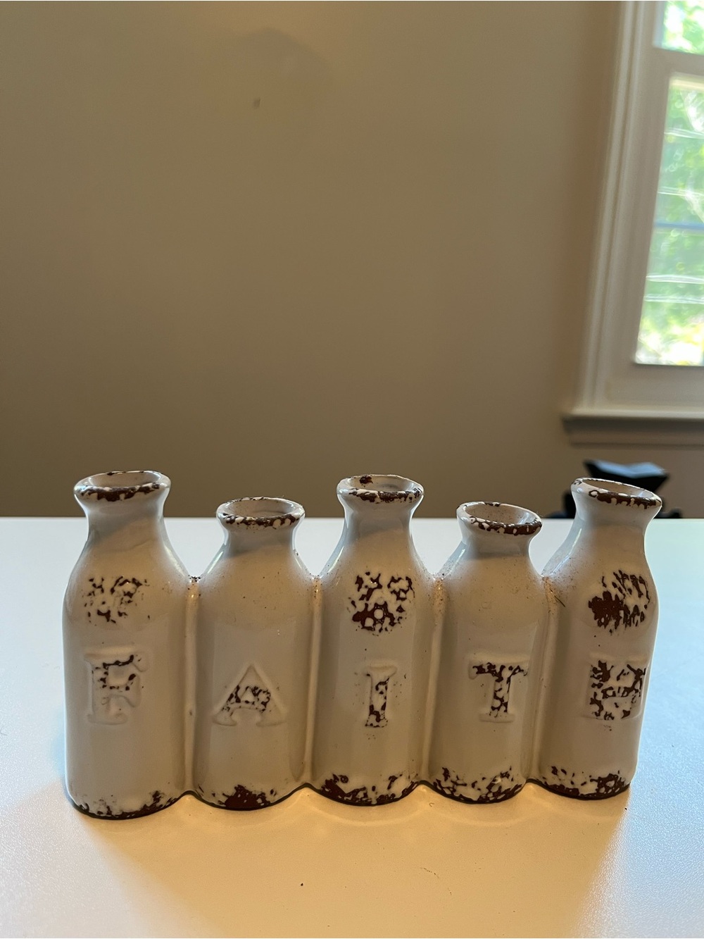 White Distressed Farmhouse Five-Bottle Ceramic Vase. faith